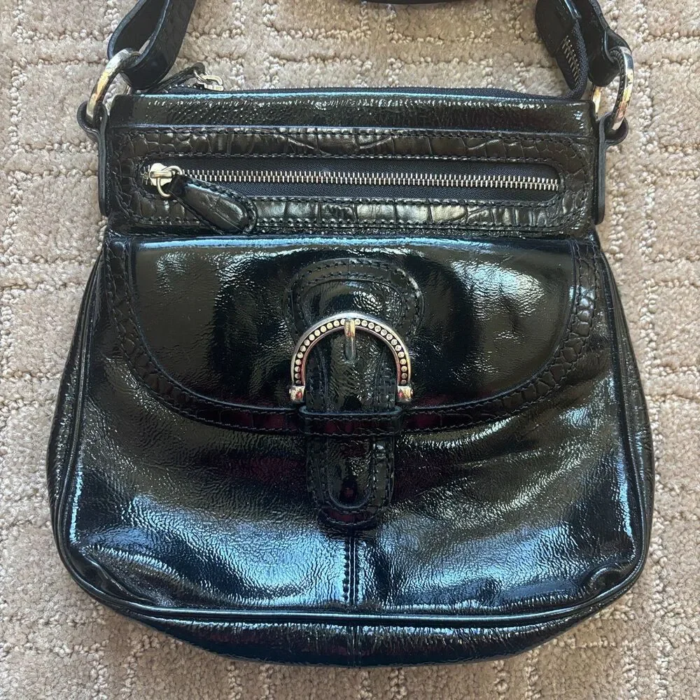 Brighton Bali Shine Patent Leather Crossbody Purse Black Organizer Zip Closure